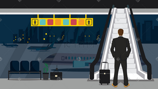 机场行李箱外国人插画图片_机场自动扶梯人物场景插画