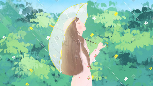 旅游围栏插画图片_手绘治愈系春天出游太阳雨女生打伞插画