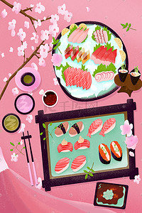 日本美食插画图片_美食日本料理刺身寿司樱花主题插画