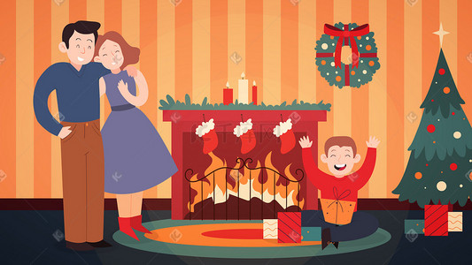 圣诞快乐插画图片_卡通圣诞节圣诞快乐平安夜家庭温馨插画圣诞