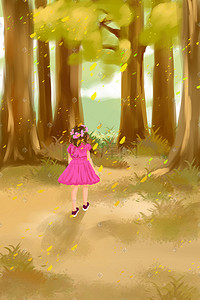 秋天的落叶手绘插画图片_秋日林中漫步的女孩插画