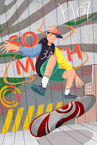 点线抽象插画图片_街头文化潮流时尚嘻哈滑板玩滑板男孩