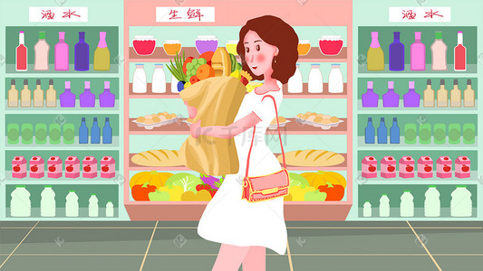进口超市插画图片_购物超市买菜的女孩插画促销购物618