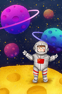 黄色的星星插画图片_探索宇宙星球的宇航员科技