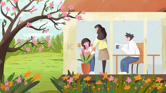 春天的春天插画图片_一家人的春天三个人横版插画