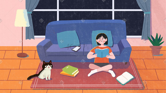 看书的猫插画图片_暖色调扁平风客厅看书的女孩