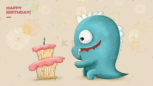 q版插画图片_Q版卡通生小怪兽生日开心的收到蛋糕礼物