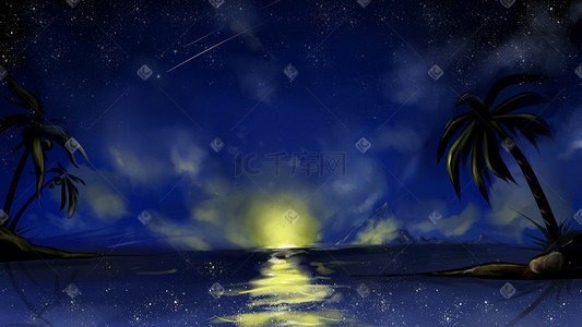清新震撼写实浪漫黑夜星空海洋沙滩原创插画