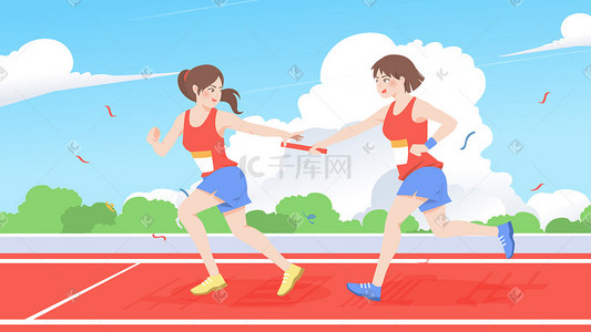 54青年节女运动插画图片_青春五四青年节接力赛跑运动活力横幅配图