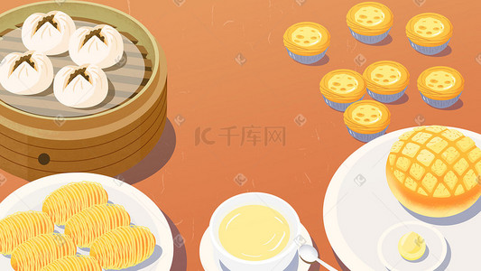 中华中华插画图片_中华美食广式早茶橙色banner背景