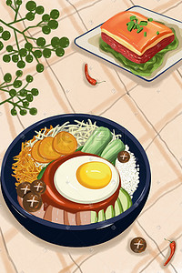 手托米饭插画图片_韩式烤肉拌饭美食插画