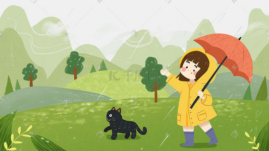 卡通绿色小清新插画图片_谷雨降雨雨水少女森林植物猫咪小清新插画