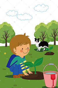 矢量狗插画图片_绿色种树保护环境的女孩 矢量插画