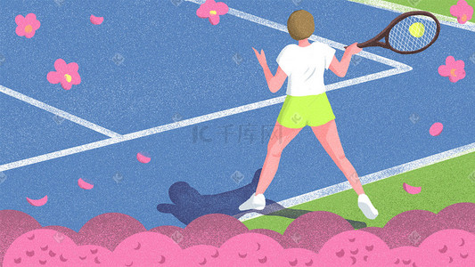 网球插画图片_春天的网球场插画banner背景