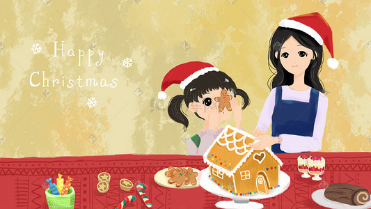 母女做饭插画图片_圣诞节家人烘培聚餐圣诞
