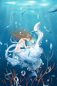 落入深海插画图片_蓝色唯美卡通治愈小清新海洋深海美人鱼配图