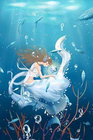 海洋插画图片_蓝色唯美卡通治愈小清新海洋深海美人鱼配图