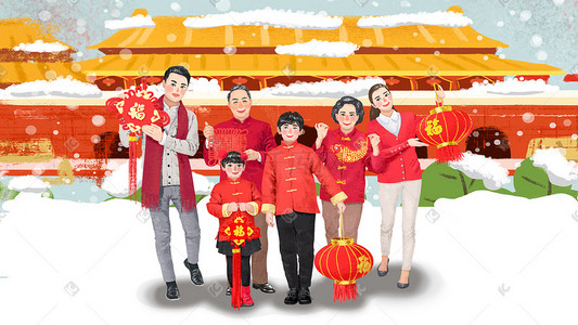 中国猪年插画图片_2019猪年合家欢春节团圆拜年瑞雪
