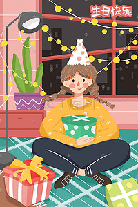 生日快乐蛋糕蜡烛气球少女清新手绘风格插画