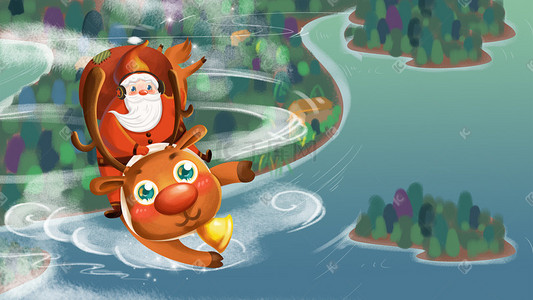 圣诞可爱老人插画图片_卡通圣诞节圣诞老人骑驯鹿飞翔圣诞