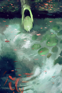 池塘雨水插画图片_24节气绿色冷调春天春雨鱼池塘风景