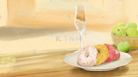 青苹果插画图片_美食甜甜圈手绘插画