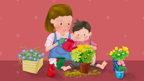 手绘母亲节妈妈和孩子一起种花插画