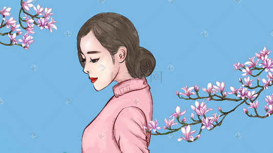 魅力气质插画图片_民国旗袍气质美女与春季花卉