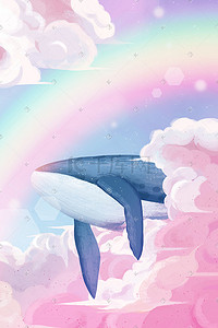 治愈鲸鱼插画图片_天空彩虹鲸鱼梦幻治插画