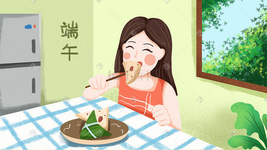 千库原创端午节小女孩吃粽子小清新插画