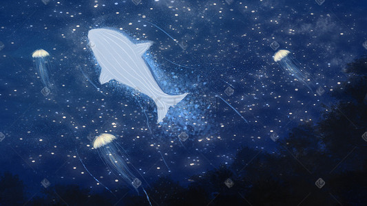 鲸鱼云插画图片_天空星空夜晚梦幻鲸鱼水母