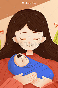 婴儿插画图片_暖黄色小清新母亲节母亲与婴儿插画