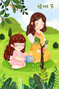 海报环境保护插画图片_植树节春天植树爱护环境插画