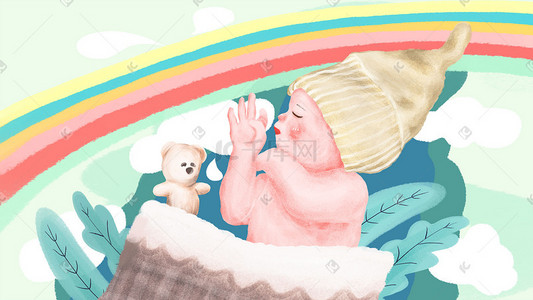 梦境插画图片_母婴婴儿睡着小宝宝的彩虹梦境