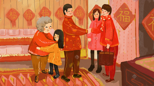 农历二十三插画图片_春节过年新年拜年喜庆祖孙温馨送礼春节