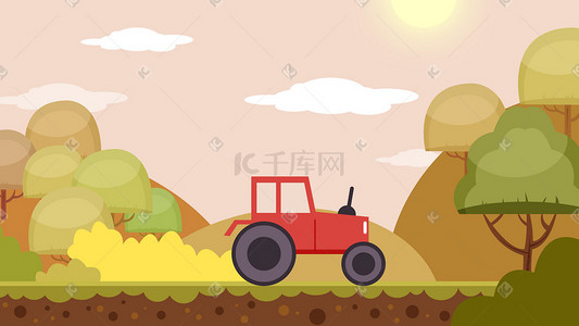 五一劳动节树丛红色拖拉机手绘插画