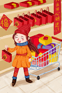 2019新年年货插画图片_卡通可爱女生春节置办年货插画