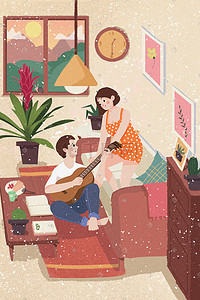 情人节情侣约会弹吉他浪漫爱情室内温馨插画