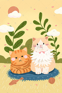 可爱动物萌宠插画图片_萌宠插画之橘猫和长毛猫