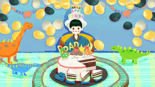 蛋糕帽子插画图片_恐龙主题生日party插画海报