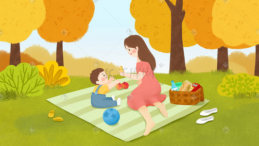 秋季亲子户外郊游野餐手绘插画