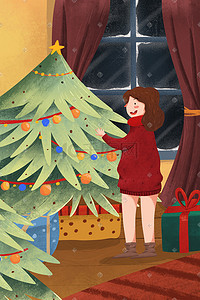手绘圣诞节插画图片_小清新手绘圣诞节布置圣诞树插画圣诞