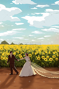 结婚照插画图片_手绘新郎新娘结婚婚庆照插画