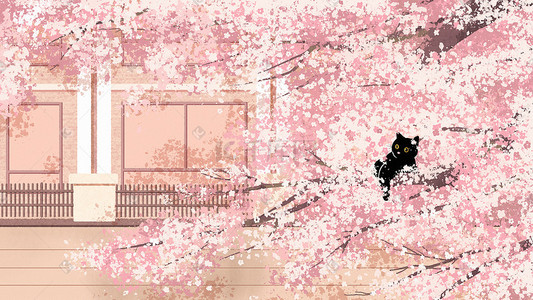 慵懒的黑猫插画图片_立春春分春天节气樱花绽放