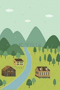 河流小屋风景插画
