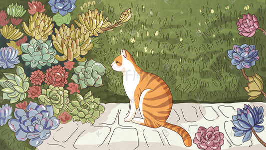 猫咪插画图片_初夏猫咪和多肉插画banner