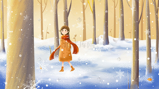 冬季少女插画图片_冬季雪景暖色调卡通唯美插画