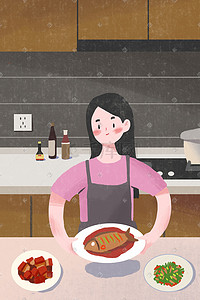 低头做饭插画图片_中午家中做饭的女孩