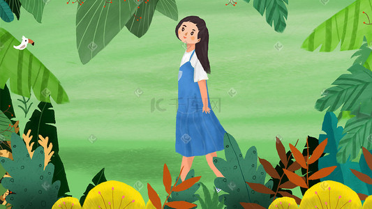 插画风一个小女孩的森林旅行
