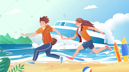 夏季度假插画图片_夏日出游旅行情侣度假海边沙滩奔跑横幅配图